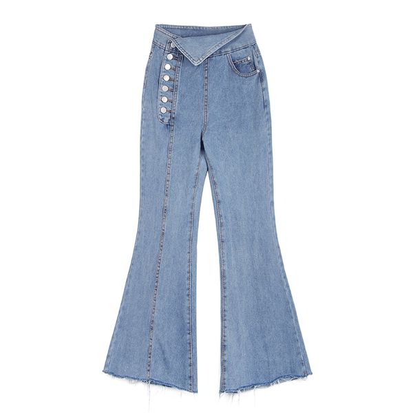 

women's jeans women denim pants flare button full length casual asymmetrical blue uqu7