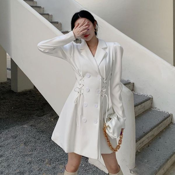 

sannian women dress waist double-breasted lace-up temperament long-sleeved suit collar autumn a-line mid-length dresses casual, Black;gray