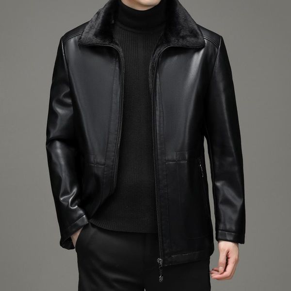 

men's leather & faux 2021 fur coat long winter jacket., Black