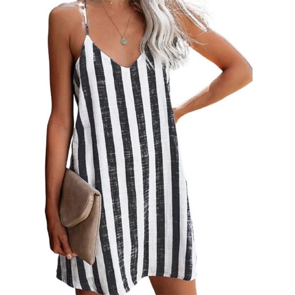 

casual dresses 2021 summer beach spaghetti strap mini short dress women v-neck striped loose ladies plus size 3xl, Black;gray