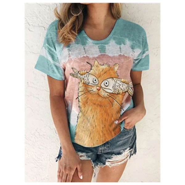 

t-shirt women's casual cat and fish tie dye printed short sleeve d79e, White