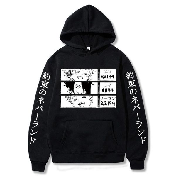 

men's hoodies & sweatshirts hoodie the promised neverland japan anime long-sleeved emma. norman. ray. eyes printed streetswear male, Black