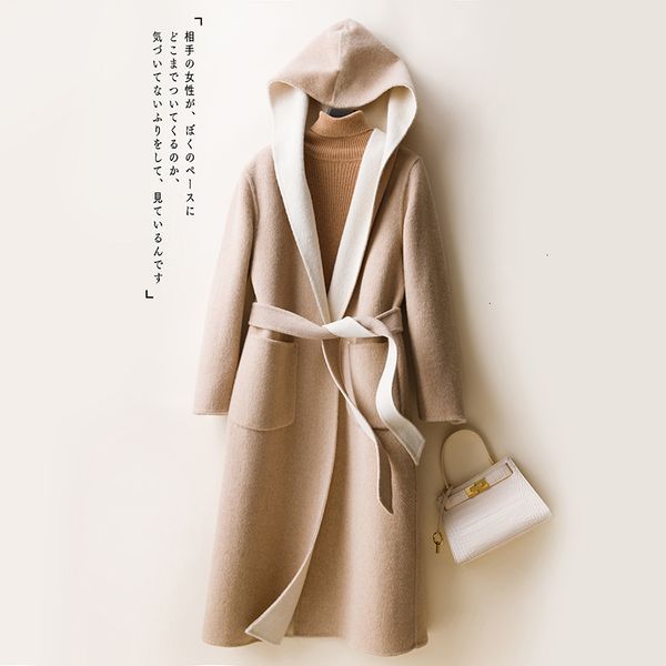 

women's wool & blends sleeve the fashion thick warm cardigan women autumn winter overcoat ladies 100% merino long jacket coats 2rhp, Black