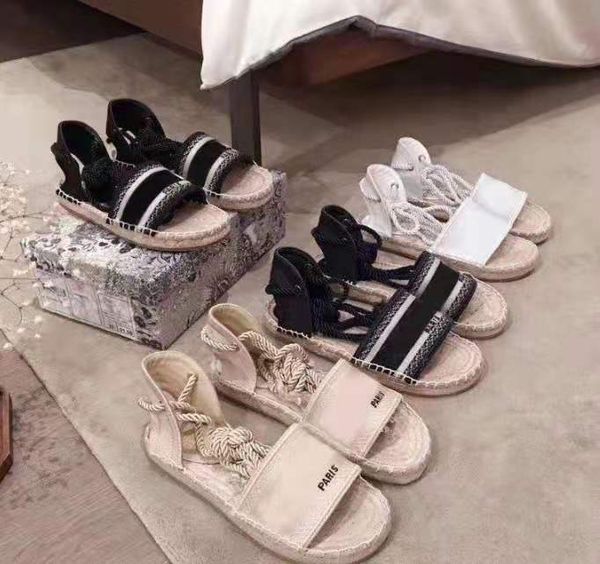 

2021 summer flat casual sandal fashion luxury embroidered lettered fisherman shoes leather women shoes hop rope straw weaving sandals large, Black