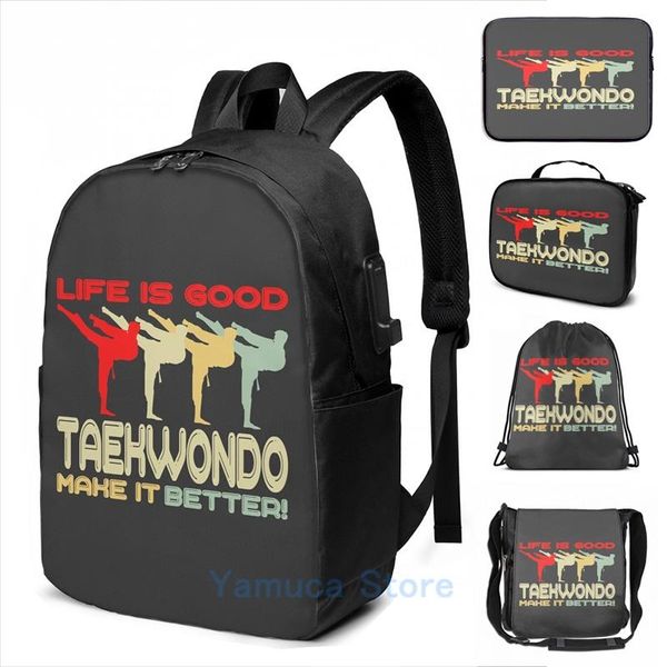 

backpack funny graphic print taekwondo fighter life is good make it better retro vintage usb charge men school travel lapbag