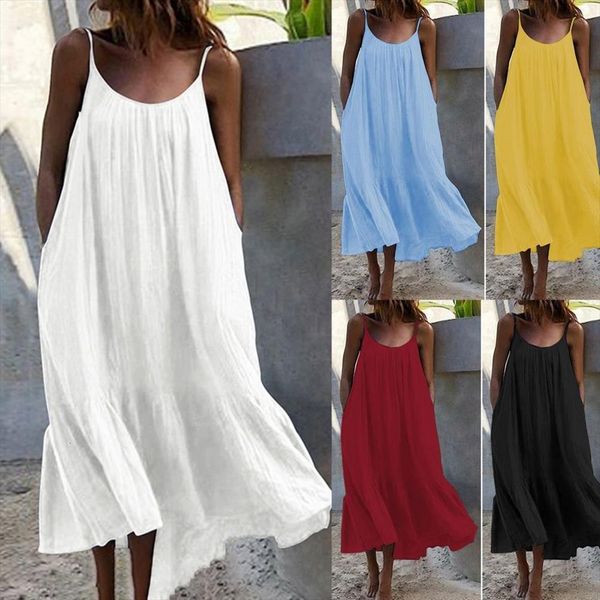 

summer low round neck womens dresses loose casual sling solid color for beach, Black;gray
