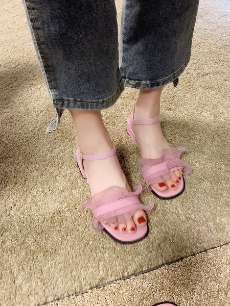 

korean style fashion lace word belt high heels sandals, Black