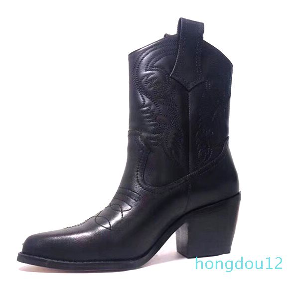 

designer winter boots western cowboy ankle boots 100% genuine leather embroidery booties pointed toe luxury women shoes with box us4-10, Black