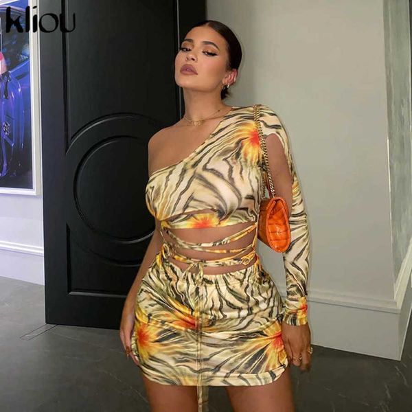 

kliou lace up flower print mini dresses women bandage a shoulder skinny bodycon clubwear women's fashion outfits hot, Black;gray