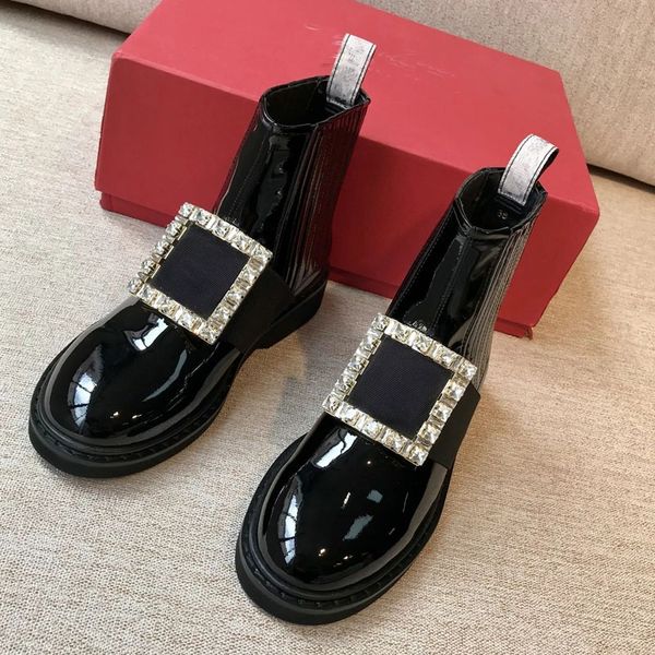 

designer brand womens boots for autumn and winter new white square buckle rhinestone flat ankle western real cow patent leather lace elastic, Black