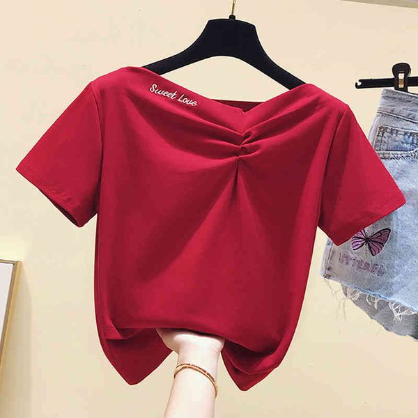 

women's t-shirt shintimes slash neck new crop letter embroidery t women cotton woman summer short sleeve tee femme 1yqk, White