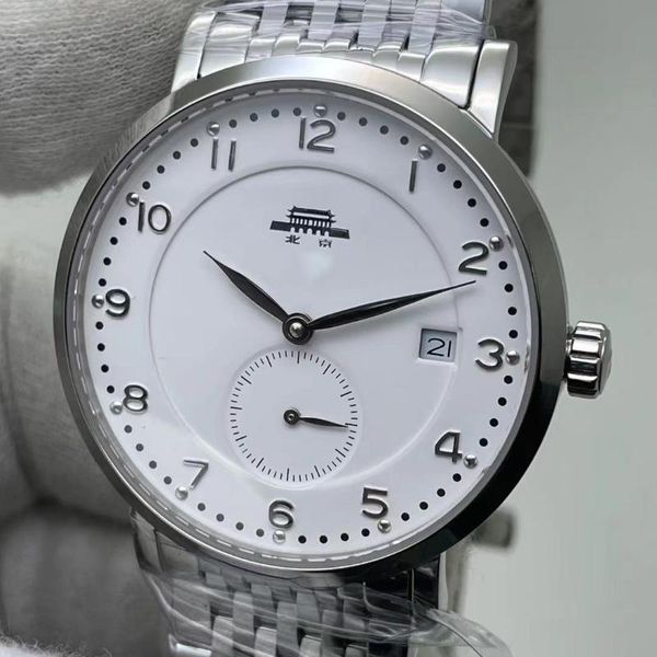 

wristwatches beijing watch stainless steel sapphire waterproof fashion business minimalist micro rotor manual mechanical for men, Slivery;brown