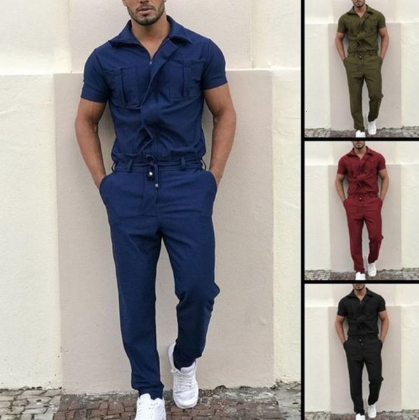 

men's tracksuits zipper jumpsuit streetwear summer male short sleeve solid color cargo pants set jumpsuits overalls rompers1 lkpp, Gray