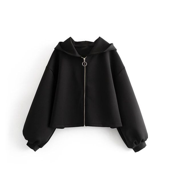 

women's hoodies & sweatshirts women fashion black oversized lantern sleeve hooded zipper short sweatshirt female causal loose basic