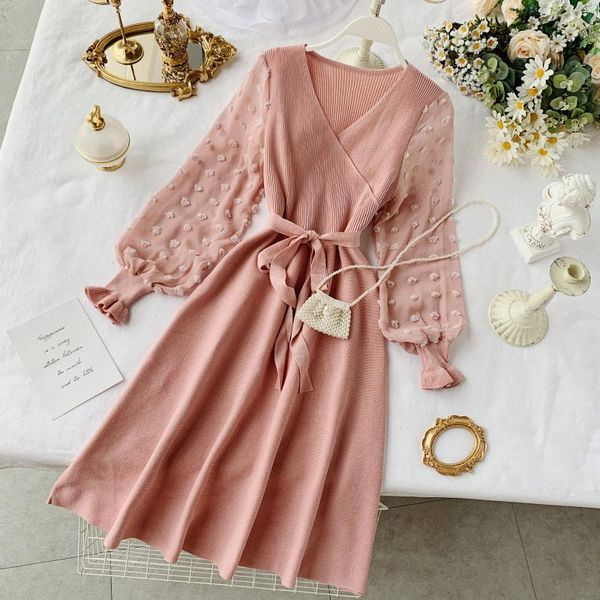 

casual dresses 2021 fall and winter fashion women elegant elastic solid color v-neck puff sleeve empire long sweater dress vestidos a661, Black;gray