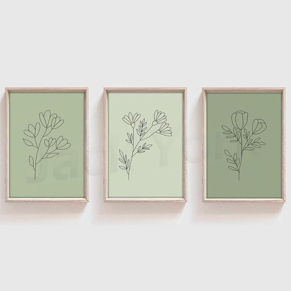 

paintings flowers print, line art, set, green wall mint 3 piece art minimalist