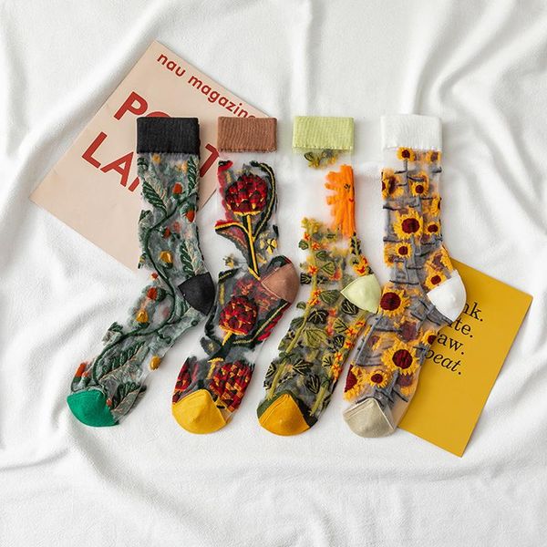 

socks & hosiery novelty harajuku product crystal silk tide funny sunflowers vines floral happy women casual sox, Black;white