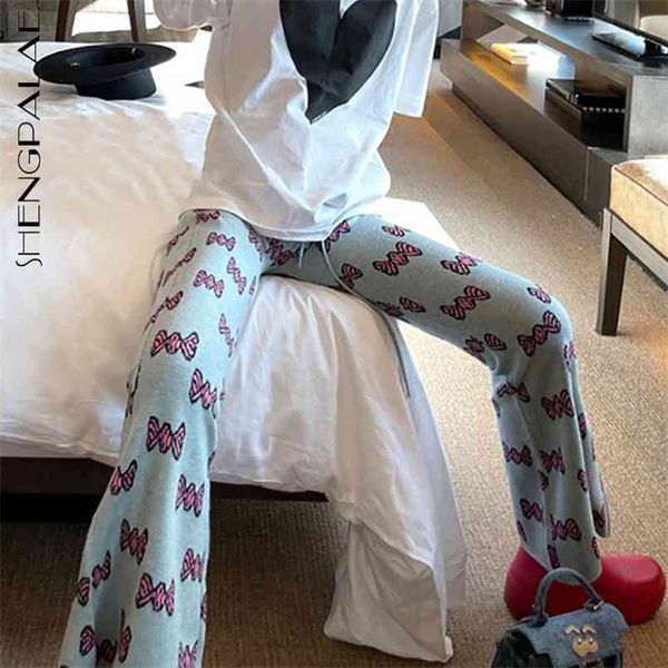 

personality candy knitted casual trousers women's spring high waist fashion drawstring flare pants female 210427, Black;white