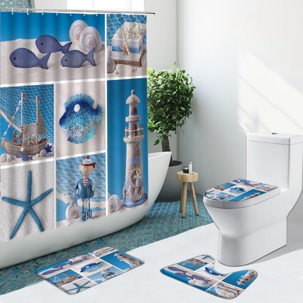 

shower curtains seaside scenery beach shell lighthouse bathroom curtain set wooden sailboat non-slip rugs toilet lid bath mat