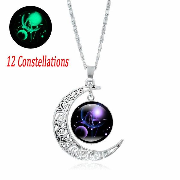 

12 constellations time jewel necklace partys night lights moon milky way shiner luminous glass pendant valentines day birthday cristmas gift