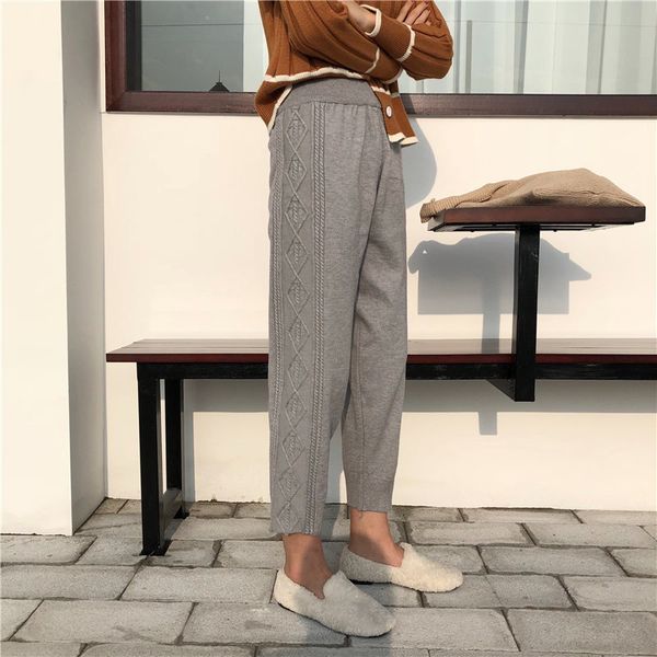 

straight loose all match ankle-length casual elastic waist solid texture high knitted wide leg trousers 3 types 210421, Black;white