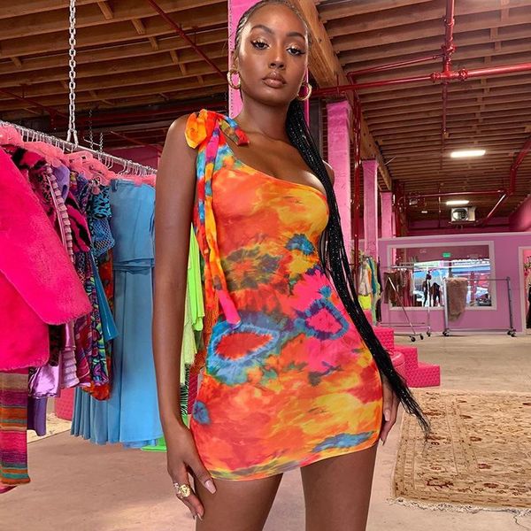 

casual dresses tie dye women bodycon dress one shoulder bandage fashion party mini sleeveless skinny print 2021 sexy, Black;gray