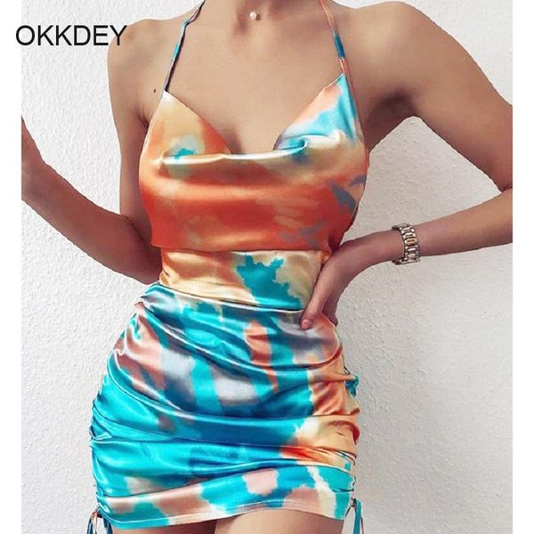 

casual dresses okkdey drawstring print tie-dye satin dress women ruched strap slim backless bodycon female elagent summer, Black;gray