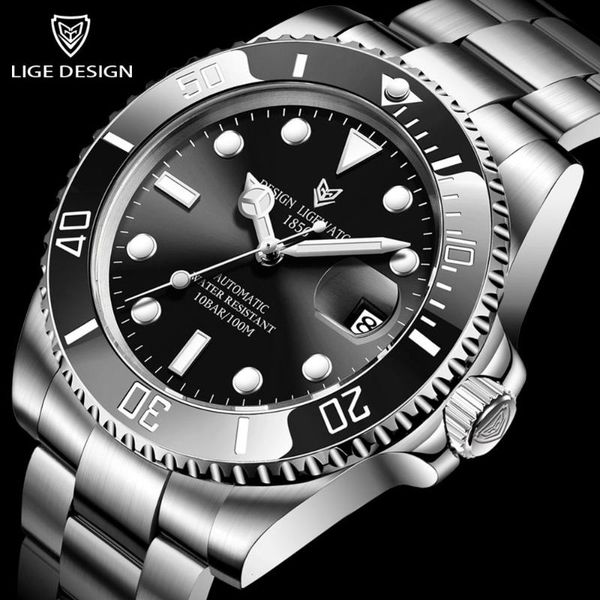 

black clock mens watches 316l stainless steel waterproof watch fashion automatic men +box wristwatches, Slivery;brown