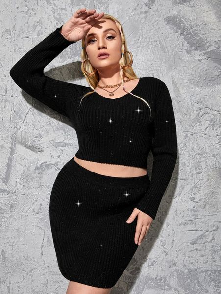 

plus rhinestone crop sweater & knit skirt 84oh#, Black