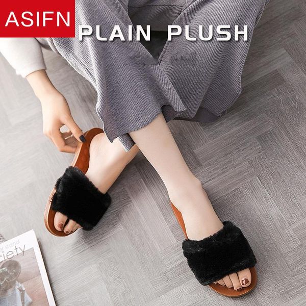 

fur slippers women slides home furry flat sandals female cute fluffy house shoes woman 2021, Black