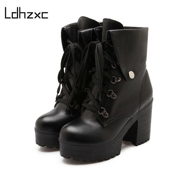 

boots ldhzxc size 34-43 woman pu leather ankle lace up shoes short winter warm platform heels footwear, Black