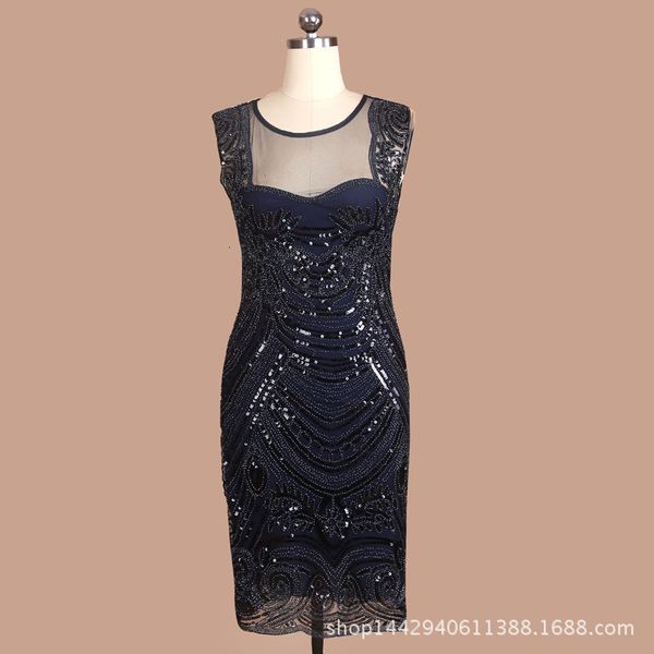 

dress female knee sequins -up frizzy embroidery stretching around neck leaked from the chest ed as christmas bling, Black;gray