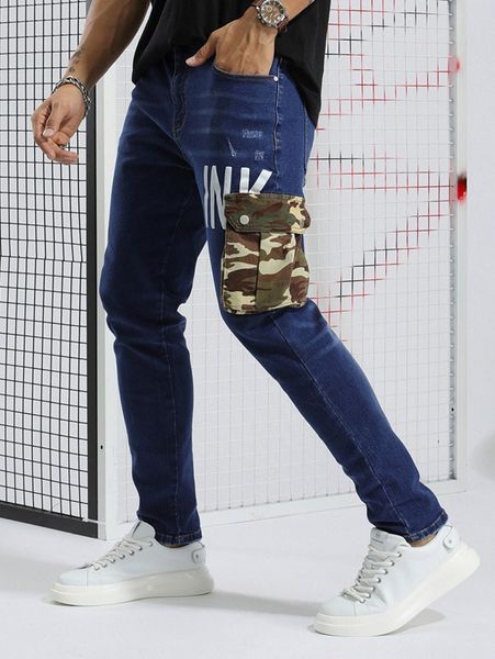 

men letter & camo print flap pocket jeans k9fa#, Blue
