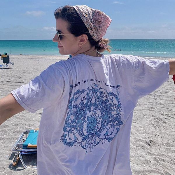 

women's t-shirt 100%cotton super chic floral angel white t shirts women oversized o-neck summer tees 2021 harajuku teens girls korean k