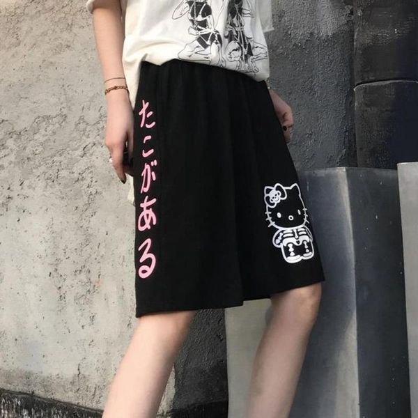 

women's shorts kawaii harajuku casual summer women loose streetwear japanese cute cat print men's hip-hop goth punk 2021, White;black