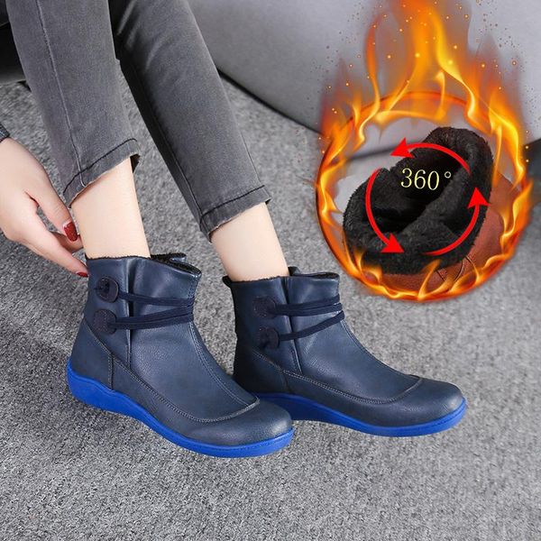 

boots vintage women's ankle pu leather platform punk shoes autumn winter warm female flat short retro plush ladies booties, Black