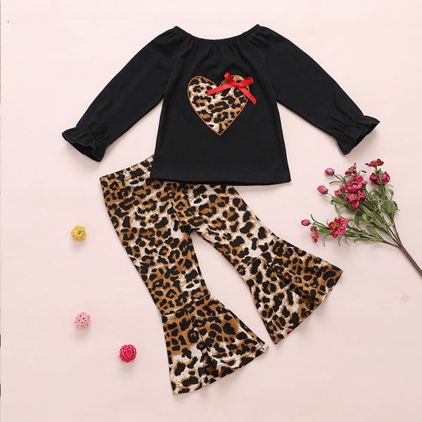 

girl's dresses girls clothing sets spring autumn one-shoulder leopard print love sewing + flared pants 2pcs outfits for 2-6y h, Red;yellow