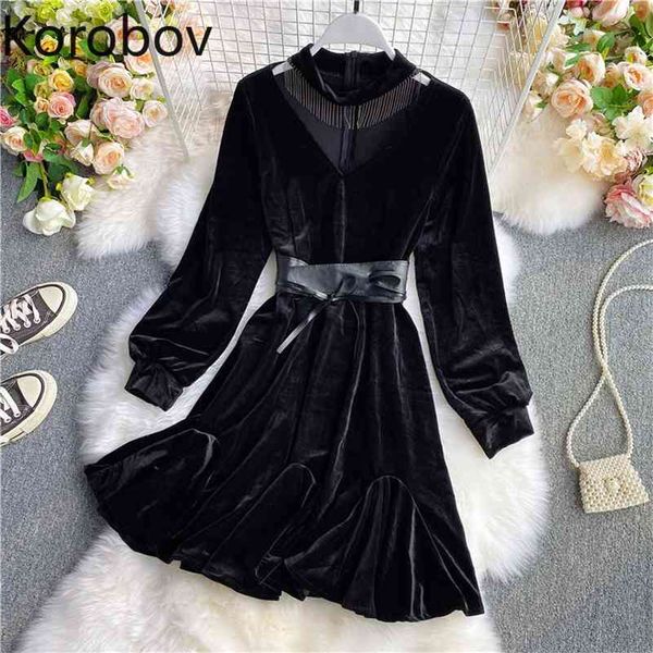 

korobov autumn new hollow v-neck halter neck fringed light cooked wind little black dress waist slimming long-sleeved dress 210430, Black;gray