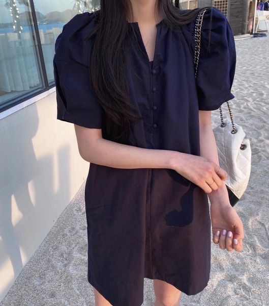 

women black hemming ouch dress v-neck short puff sleeve loose fit fashion casual spring summer 16f0753 210510, Black;gray