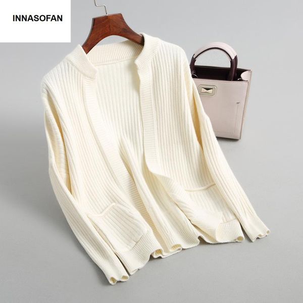 

women's sweaters innasofan cardigan autumn-winter knitted sweater eurasian fashion elegant solid with long sleeves and pockets, White;black