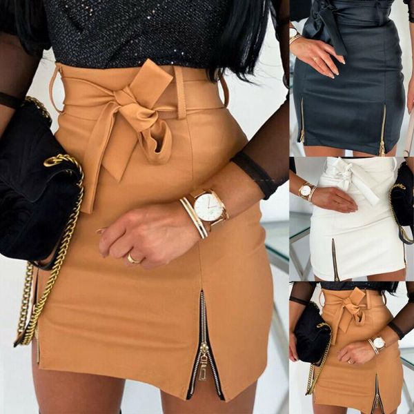 

skirts 2021 women's fashion bandage pu leather skirt zippers ladies high waist pencil bodycon short mini casual club clothes, Black