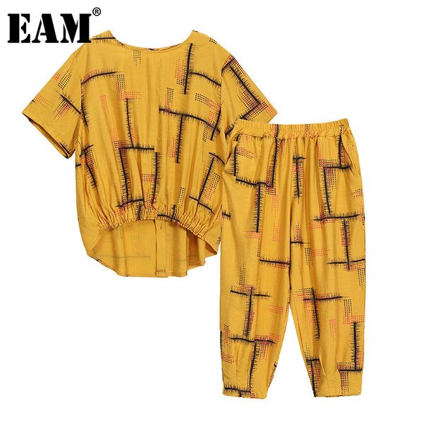 

[eam] printed pants two piece suit round neck short sleeve black loose fit women fashion spring summer 1dd8543 21512, White