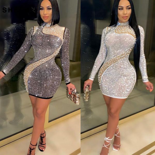 

shefan mesh diamond shinny mini dress women see-through pearls patchwork long sleeve bodycon autumn party clubwear outfits casual dress, Black;gray