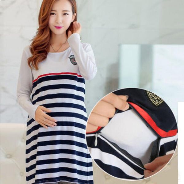 

striped maternity dress nursing long-sleeve pregnant women breastfeeding clothing casual clothes dresses, White