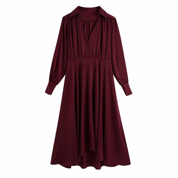 

casual dresses women's fashions autumn satin feeling red midi dresses elegant ladies long sleeve vneck high waist plight fancy dress 86, Black;gray