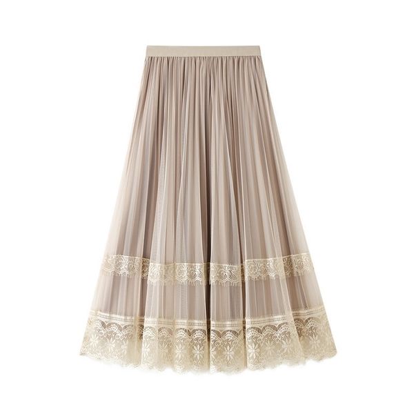

women skirts autumn winter mesh tulle elastic high waist a line long pleated skirt casual lace female clothes double sided 211112, Black