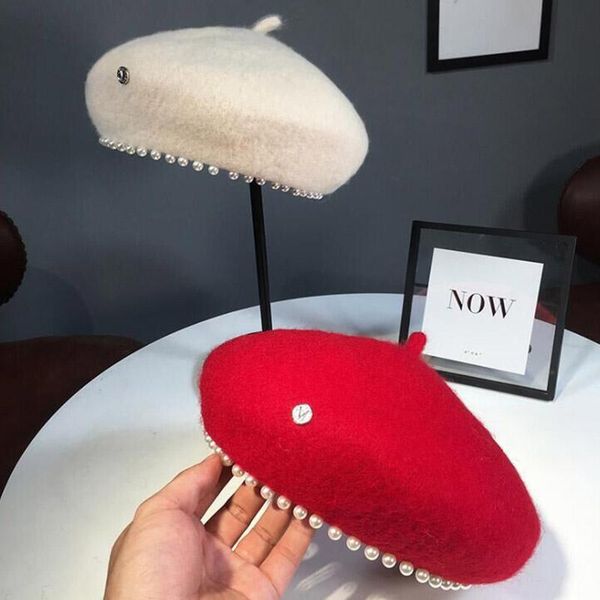 

berets 2021 women's cap wool hat elegant pearl letter vintage female warm beret hats girls flat for women, Blue;gray