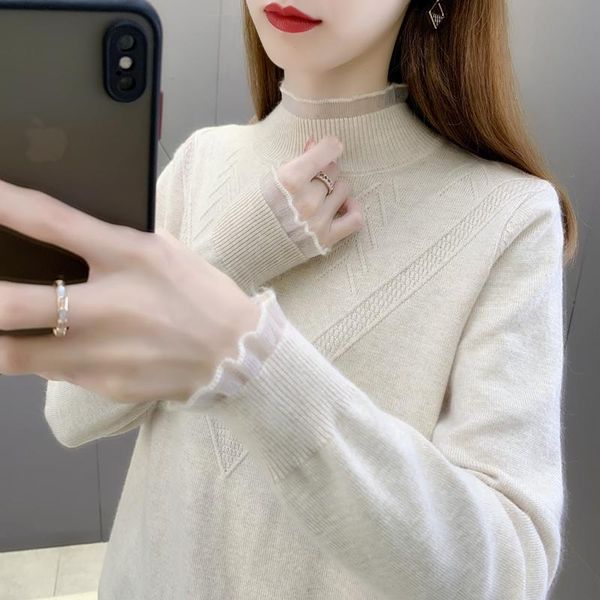 

women's sweaters 21630 hall, row 8, no. 2 middle] real shooting solid color lace v half high neck knitted bottomed shirt [1031] 42, White;black