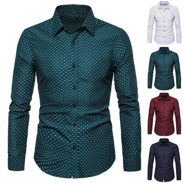 

men's casual shirts wave point autumn men slim printed long sleeve blouses business shirt spring blouse button top, White;black