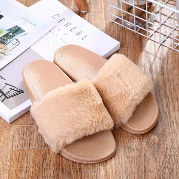 

women autumn spring flip flops casual non-slip flat shoes ladies faux fur plush slippers easy matching indoor fabala, Black